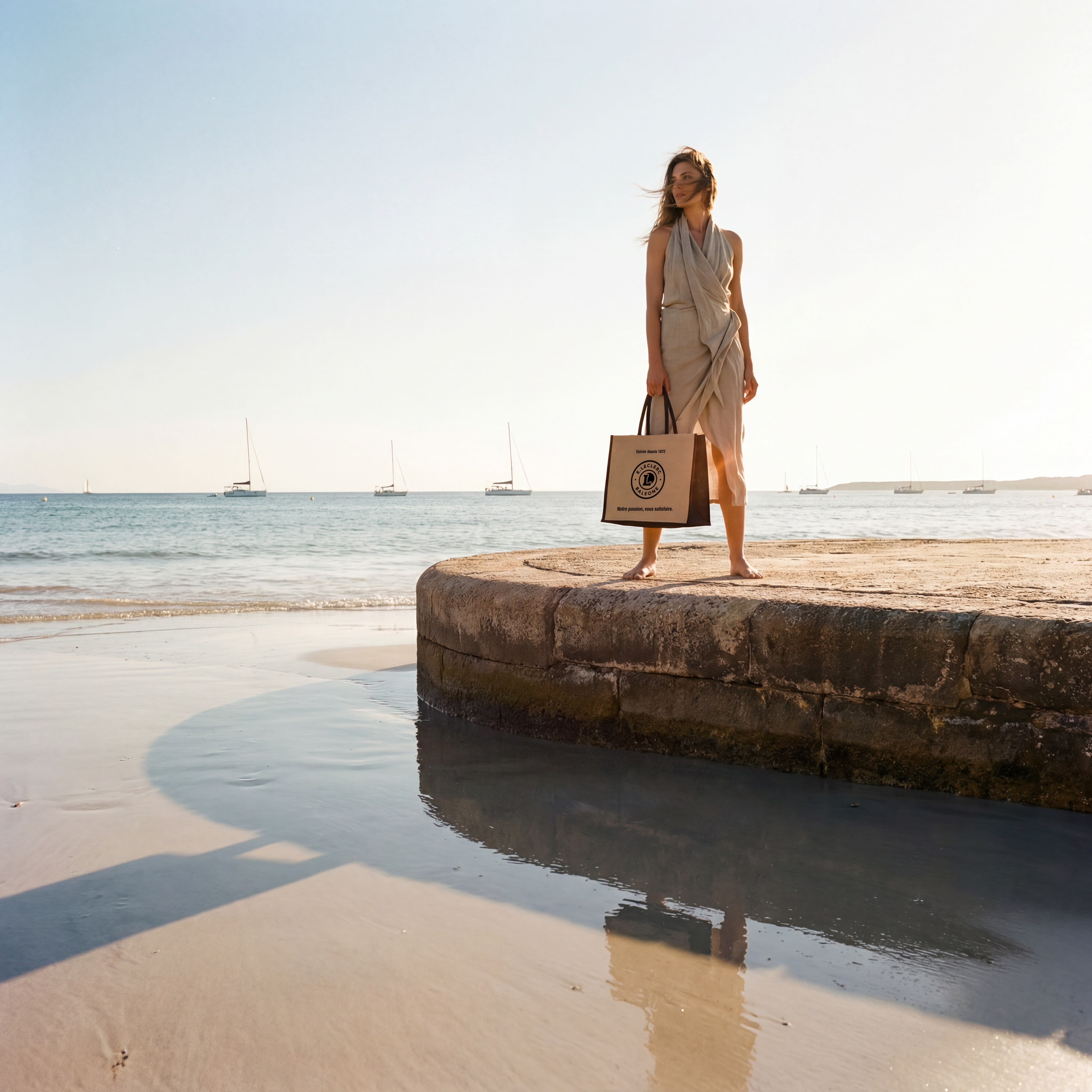 Woman standing on stone pier at golden hour with jute bag